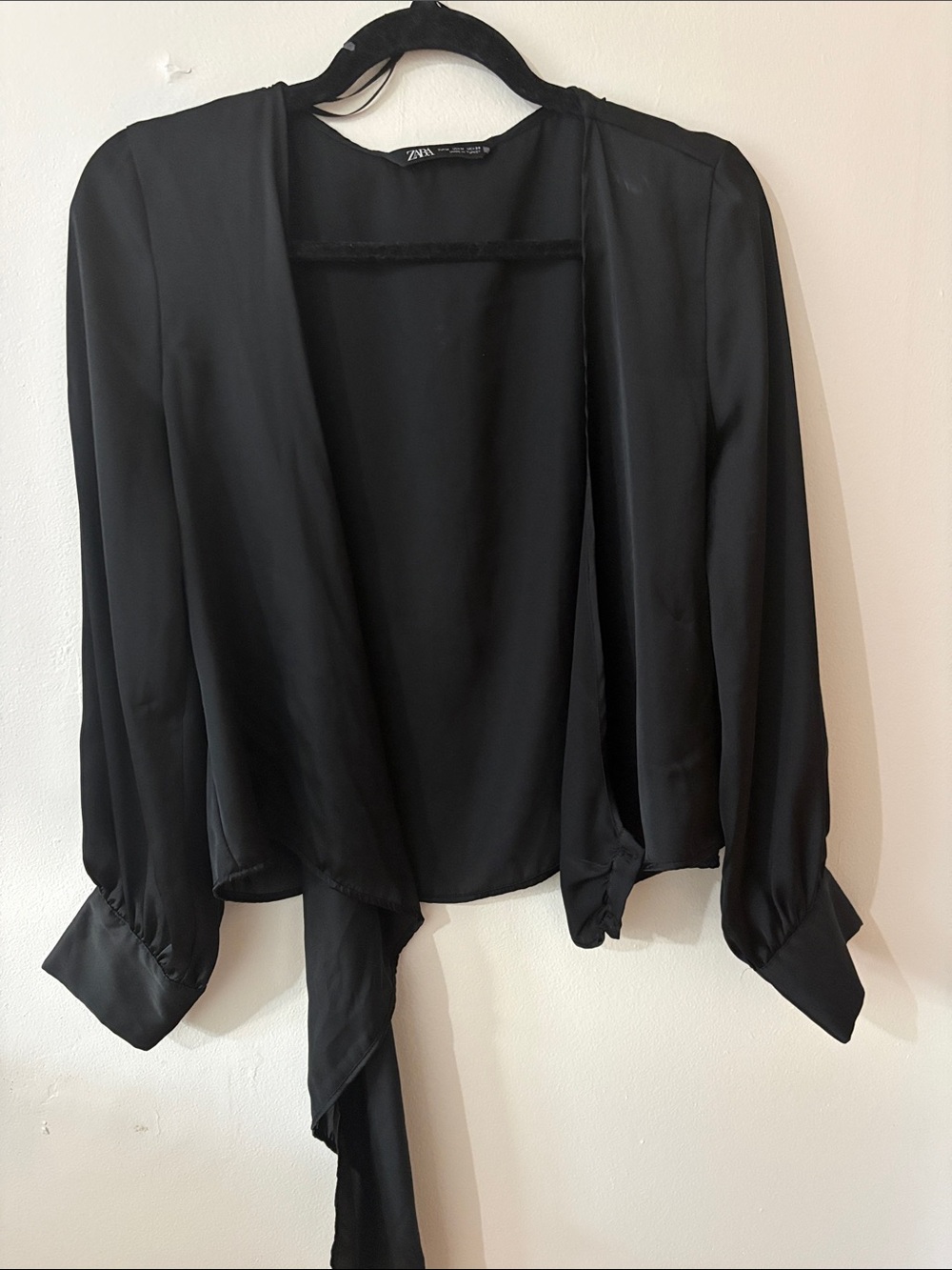 Zara Black Satin Tie-Front Blouse